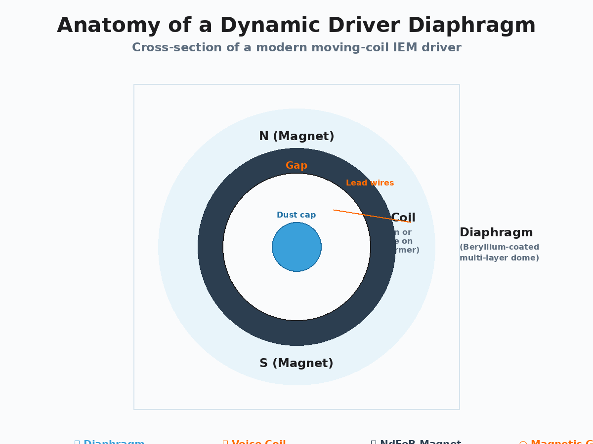 Anatomy of a dynamic driver showing diaphragm voice coil magnet gap