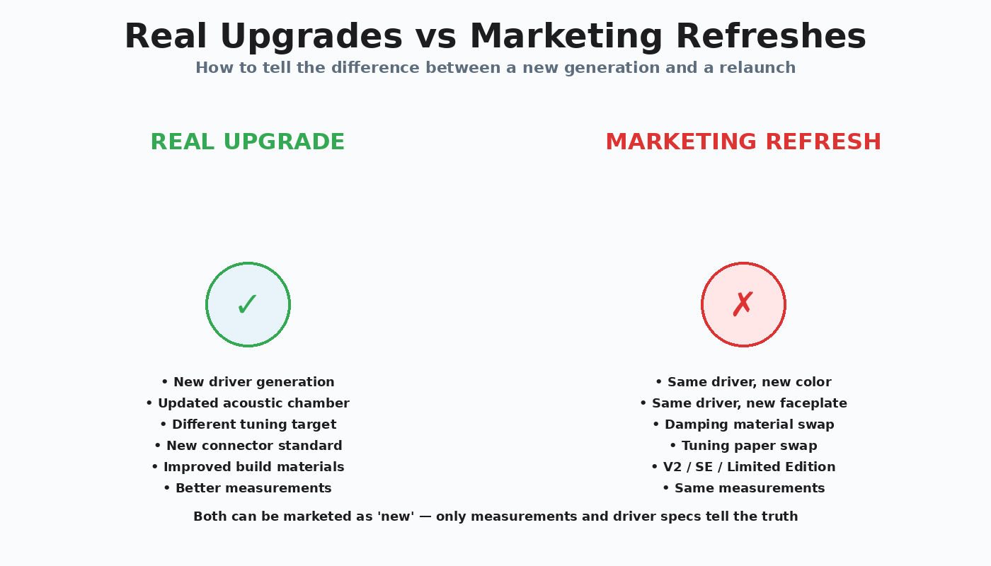 Comparison of real IEM upgrades vs marketing refreshes - what's actually new vs what's rebranded