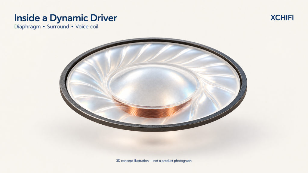 Wide 3D illustration of an IEM diaphragm, surround and voice coil