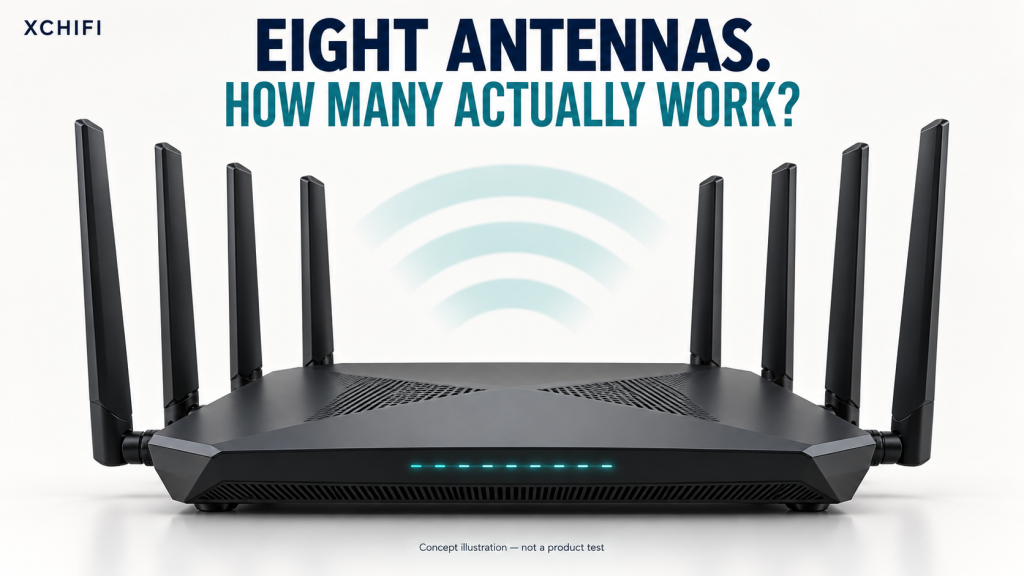 Unbranded eight-antenna router concept illustrating why component count alone does not prove IEM performance