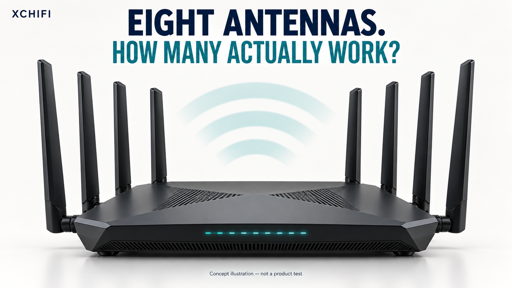 Concept illustration of an unbranded router with eight antennas, asking how many actually work