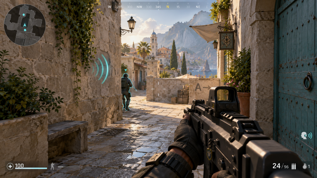 First-person gaming interface with a minimap, directional sound cues and team voice chat