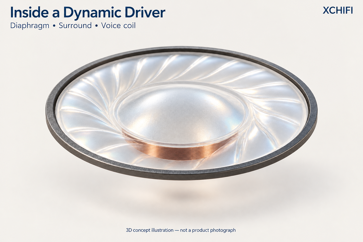 Dynamic IEM diaphragm illustration showing its dome, surround and voice coil