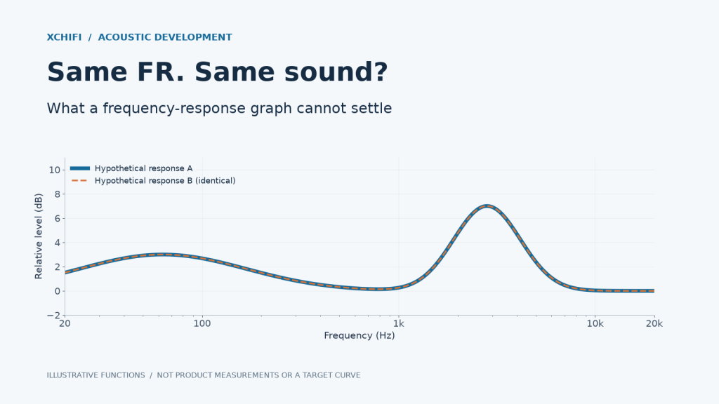 Two identical illustrative frequency response curves: same FR does not establish the better-sounding IEM