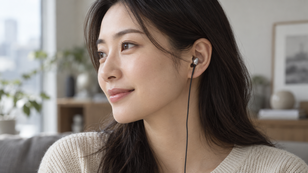AI-generated portrait of an adult woman wearing a compact silver wired in-ear earphone