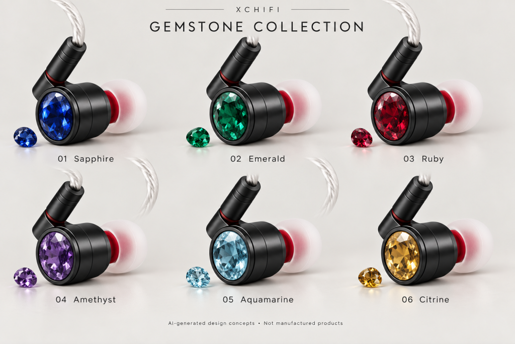 AI-generated concepts of six gemstone-inspired IEM faceplates: sapphire, emerald, ruby, amethyst, aquamarine and citrine