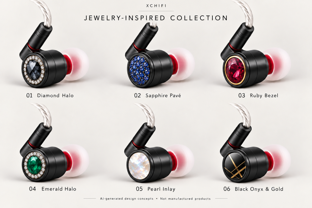 AI-generated concepts of six jewelry-inspired IEM faceplates, including halo, pavé, bezel, pearl and onyx designs