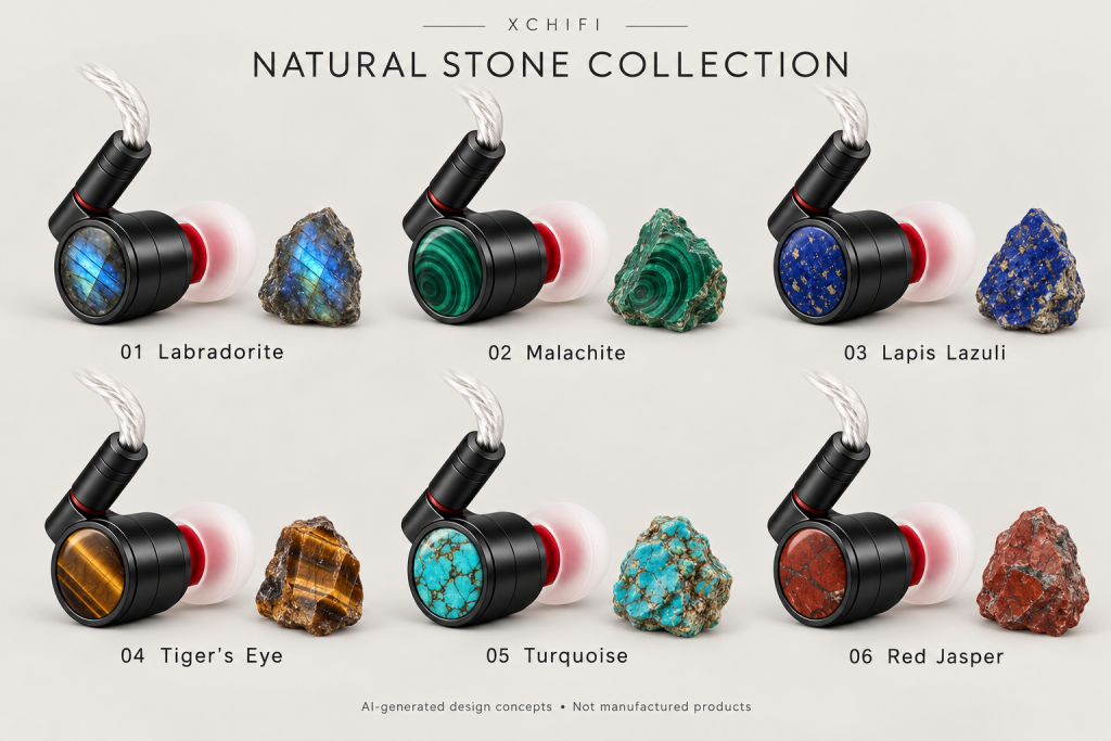 AI-generated concepts of six natural stone IEM faceplates with matching rough mineral specimens
