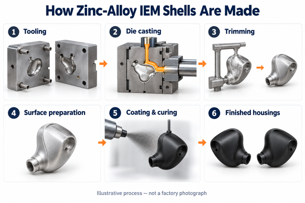 Illustration of zinc-alloy IEM housing production: tooling, die casting, trimming, surface preparation, coating and finished shells
