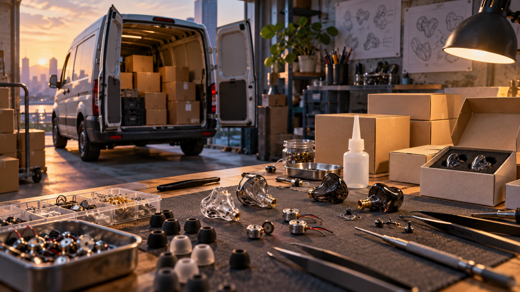 Concept illustration of a van, earphone components and a small IEM assembly workbench.