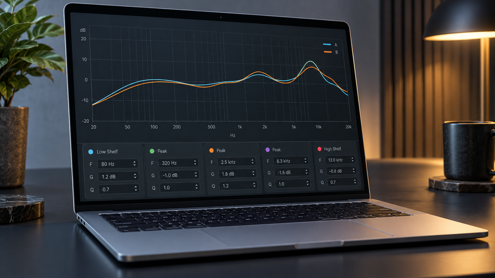 Laptop EQ interface comparing two similar frequency-response curves