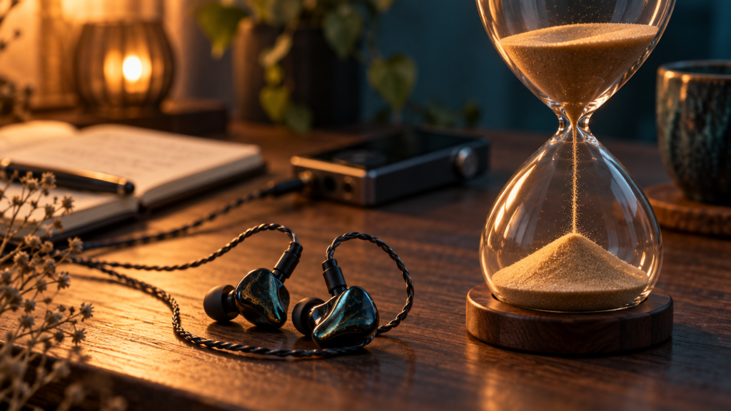 Concept illustration of wired IEMs beside an hourglass, representing listening versus waiting.