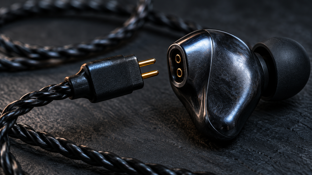 Concept close-up of a two-pin IEM cable connector and its matching socket.