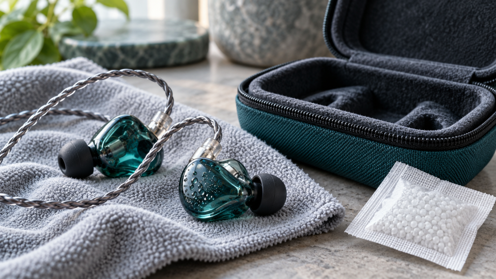 AI concept illustration: wired IEMs drying on a cloth beside an open case and a sealed desiccant packet.