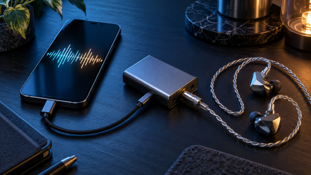 Concept illustration of a smartphone connected to a portable DAC and wired IEMs.