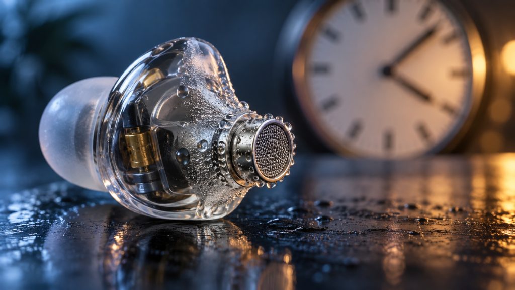 Concept illustration of moisture near an IEM nozzle with a clock in the background.