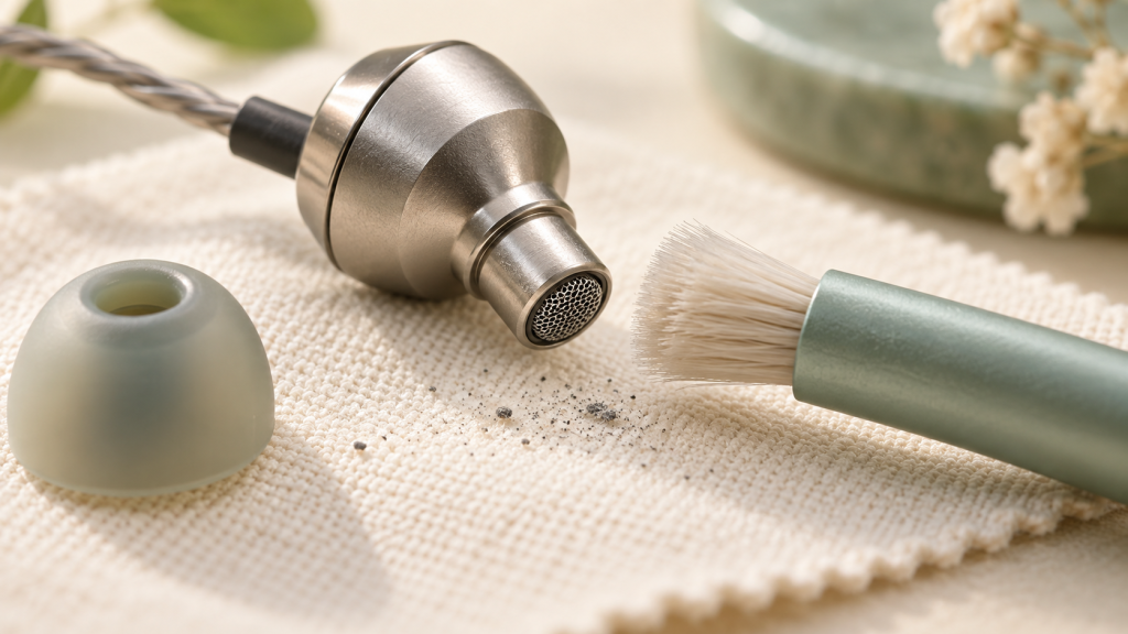 Concept illustration of an IEM nozzle, a soft dry brush and a removed ear tip.