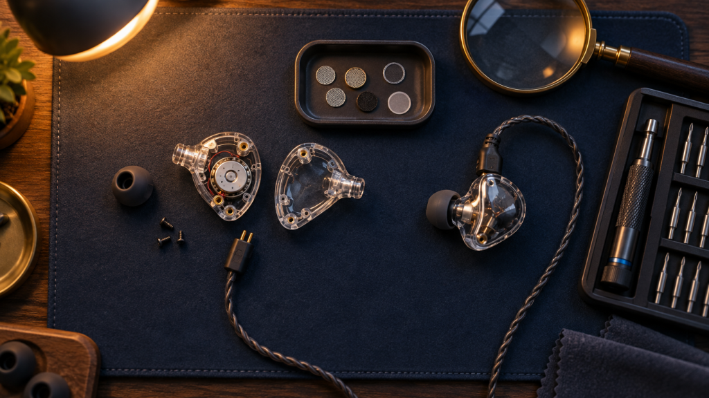 Concept illustration of an IEM repair bench with a detached cable, shell and replacement filters.