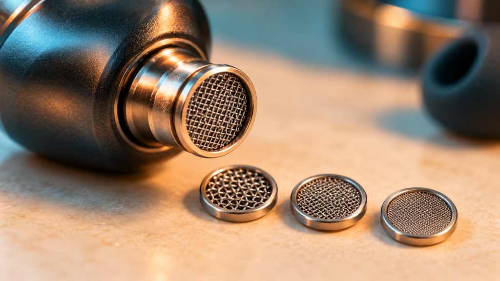 Concept macro illustration of an IEM nozzle and acoustic filters with different mesh densities.