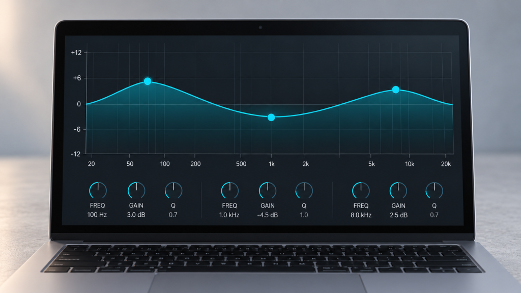 Laptop screen displaying a parametric EQ interface with a frequency response curve