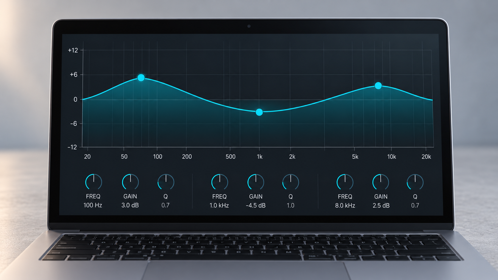 Laptop screen displaying a parametric EQ interface with a frequency response curve