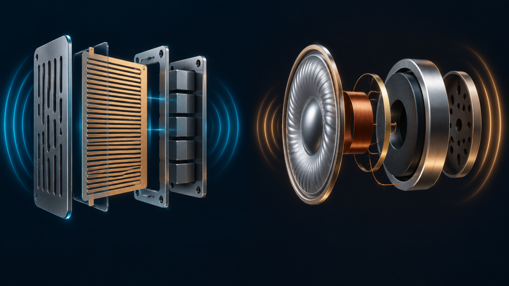 Concept illustration comparing planar and dynamic transducer structures; not a technical blueprint.
