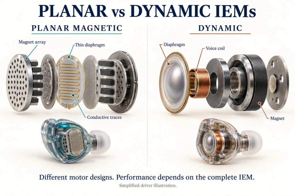 Planar magnetic vs dynamic IEM drivers: thin diaphragm and conductive traces compared with a diaphragm, voice coil and magnet.